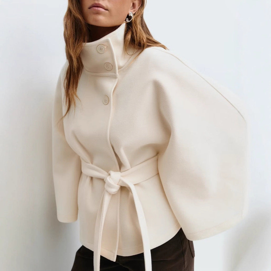 Damen Kurzmantel mit Stehkragen, tailliertem Gürtel und Kimonoärmeln Shop Nory