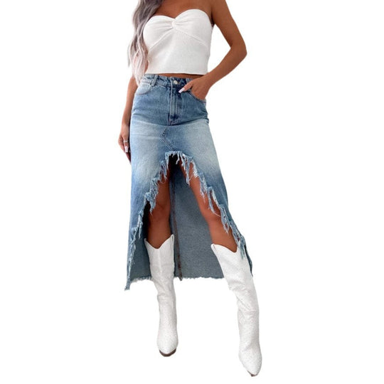 Damen Jeansrock mit fransigem Saum und hohem Schlitz