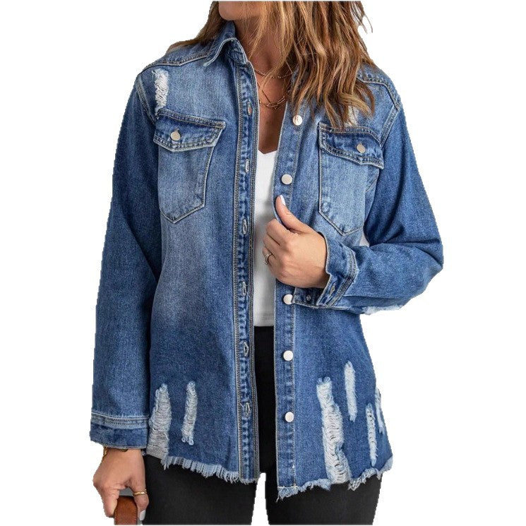 Damen Lässige Oversize-Denimjacke mit Destroyed‑Details, Hemdkragen und Fransen‑Saum Shop Nory