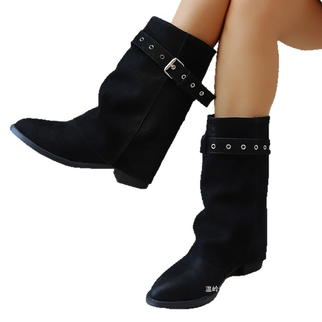Damen Mid-Calf-Stiefel mit Schnallenriemen und niedrigem Blockabsatz Shop Nory