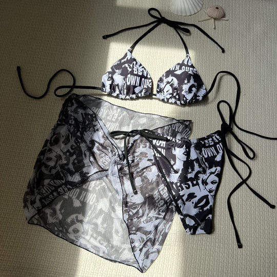 Damen Bikini-Set mit transparentem Rock und trendigem Grafikdruck