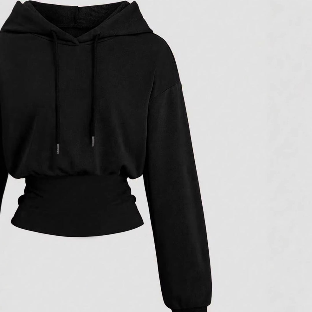 Damen Kurz geschnittener Kapuzenpullover mit tailliertem Rippenbund Shop Nory