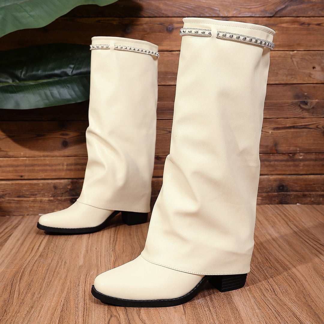 Damen Kniehohe Slouch‑Stiefel mit niedrigem Blockabsatz und Strassbesatz Shop Nory