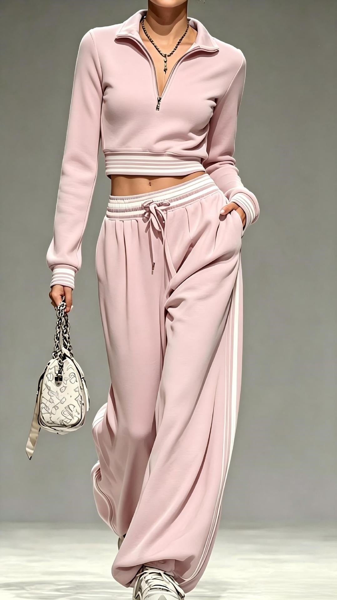 Damen Cropped-Trainingsset mit halbem Reißverschlusskragen und weitem Bundfalten-Jogger Shop Nory