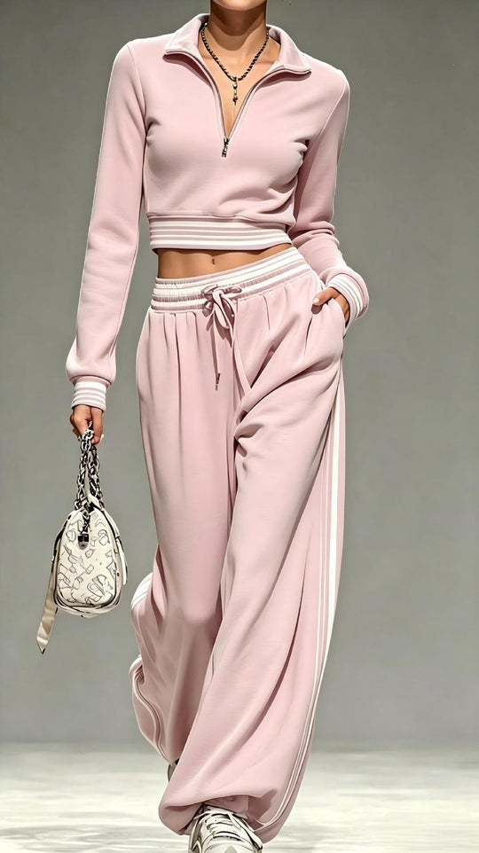 Damen Cropped-Trainingsset mit halbem Reißverschlusskragen und weitem Bundfalten-Jogger Shop Nory