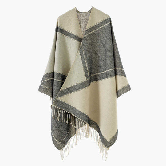Damen Großer Wollmix Fransenponcho mit diagonalen Kontraststreifen Shop Nory