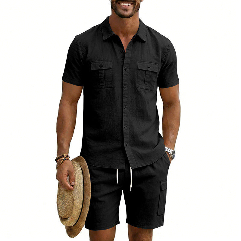 Herren nan sommerliches Freizeitset aus Baumwoll-Leinenmix mit Kurzarm-Hemd und Cargo-Shorts