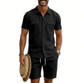 Herren nan sommerliches Freizeitset aus Baumwoll-Leinenmix mit Kurzarm-Hemd und Cargo-Shorts
