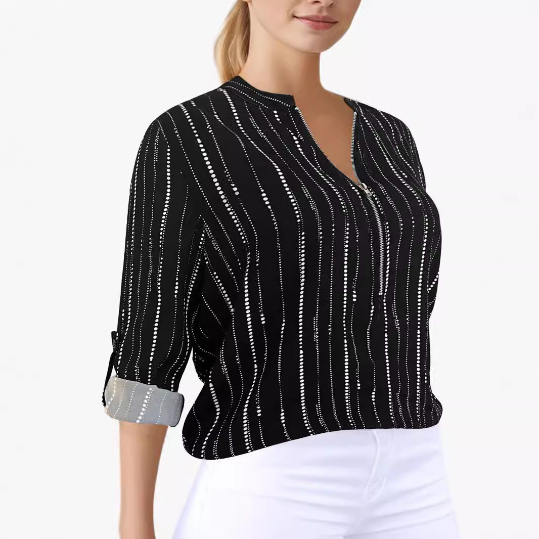 Damen Leichte Viskose-Bluse mit Stehkragen, Reißverschluss und vertikalem Punktstreifen Shop Nory