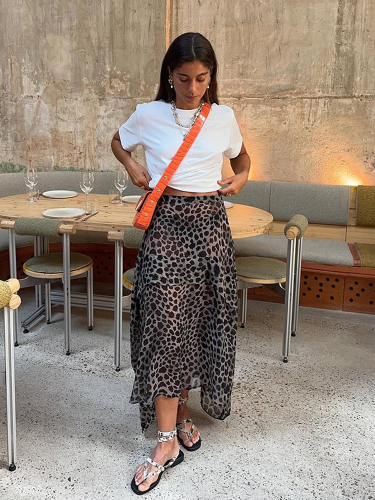 Damen Leichter Chiffon‑Midirock mit asymmetrischem Saum & Leo‑Print Shop Nory