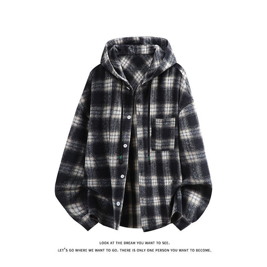 Unisex oversized Kapuzen-Hemdjacke aus Flanell mit Karomuster und Brusttasche Shop Nory