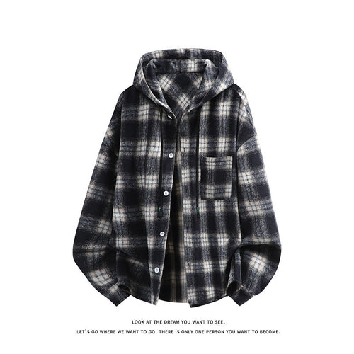 Unisex oversized Kapuzen-Hemdjacke aus Flanell mit Karomuster und Brusttasche Shop Nory
