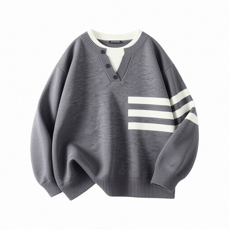 Damen Sportlicher Oversize Pullover mit Knopfleiste und Streifen Shop Nory