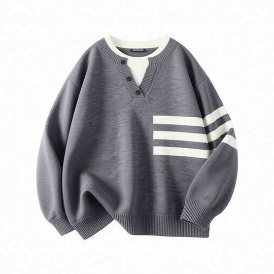 Damen Sportlicher Oversize Pullover mit Knopfleiste und Streifen Shop Nory