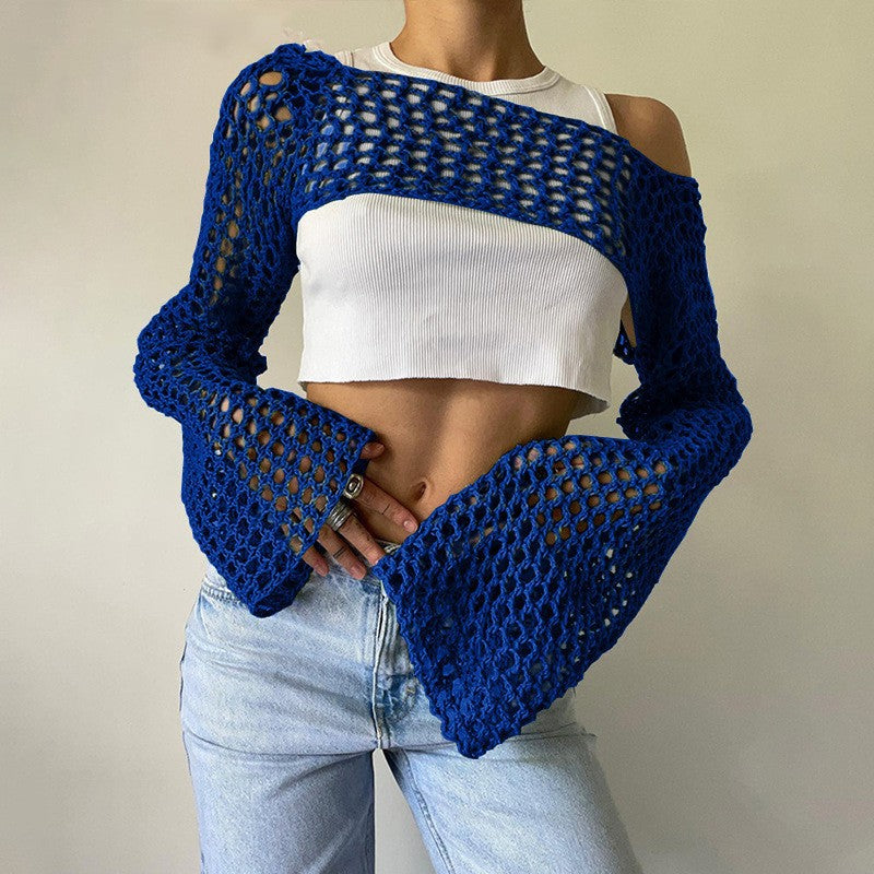 Damen gehäkelter kurzer Bolero mit asymmetrischem Schulterauschnitt und ausgestellten Ärmeln Shop Nory