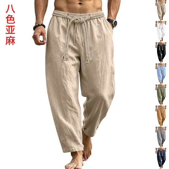 Herren lässige Leinen-Loungehose mit elastischem Bund, dekorativem Seilgürtel und Seitentaschen Shop Nory