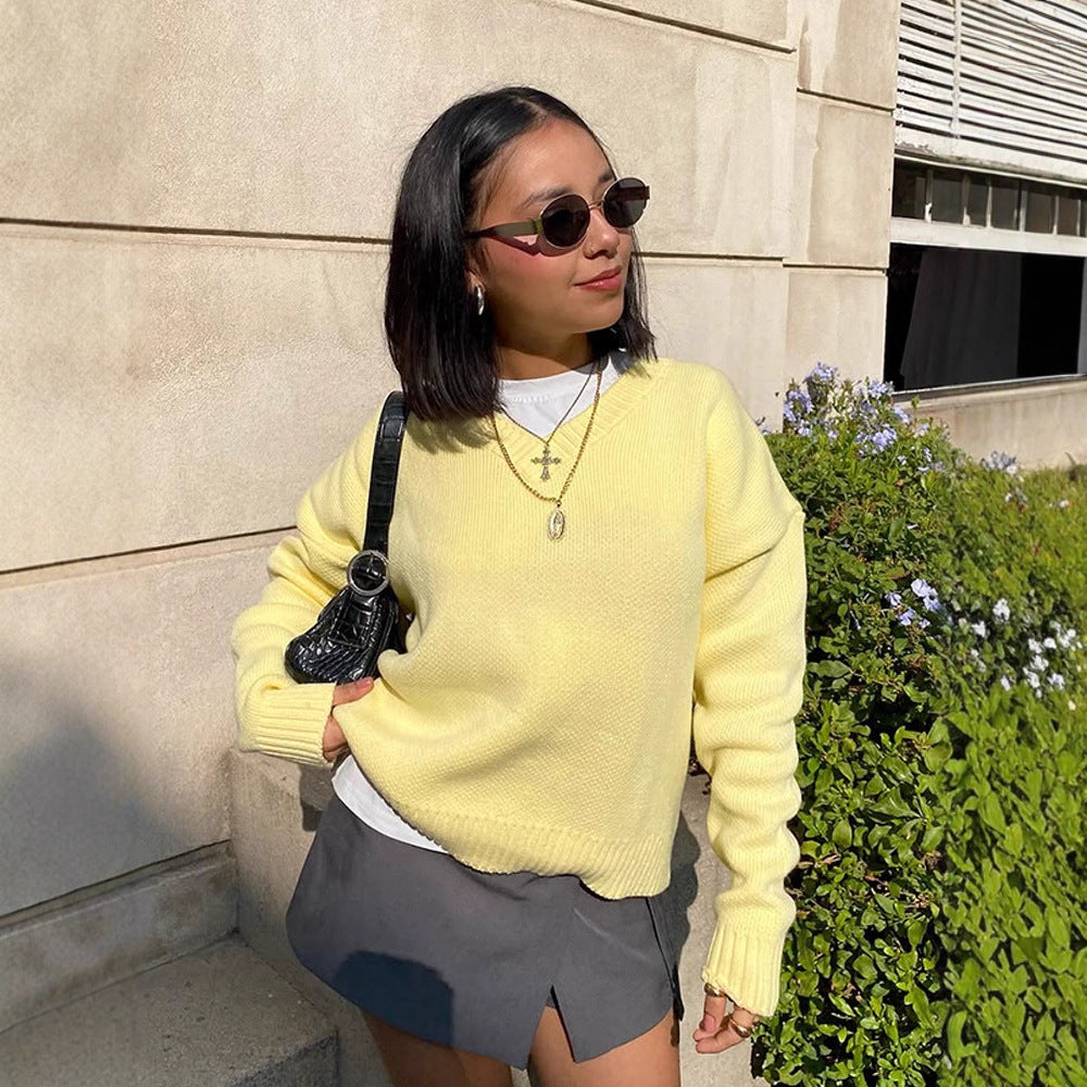 Damen Oversize V-Ausschnitt Feinstrickpullover mit strukturierter Maschenoptik und gerippten Bündchen Shop Nory