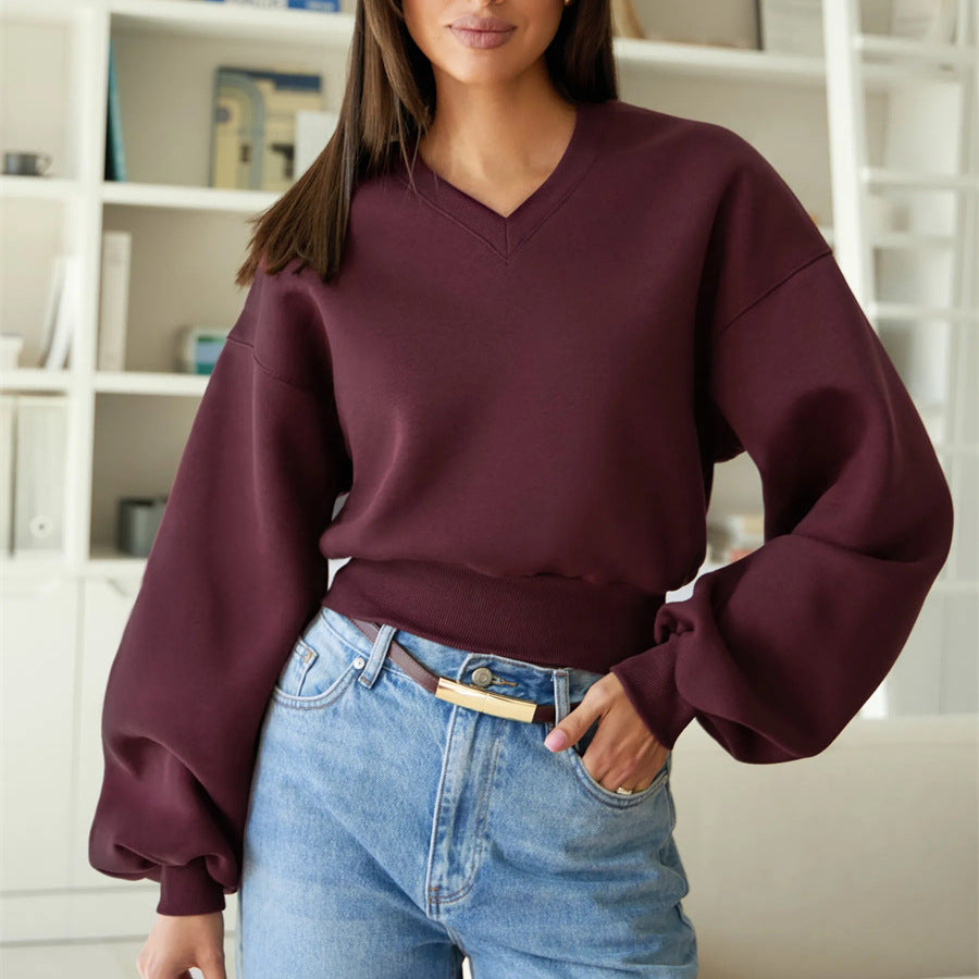 Damen Cropped V-Ausschnitt Pullover mit Ballonärmeln und Rippbund Shop Nory