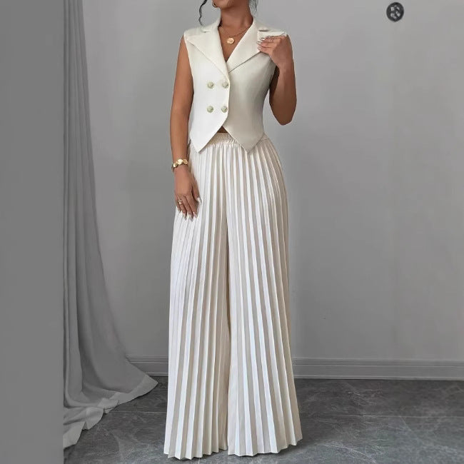 Damen Ärmelloses Weste-Blazer-Top mit Revers und plissierter Palazzo-Hose Zweiteiliges Abendset Shop Nory