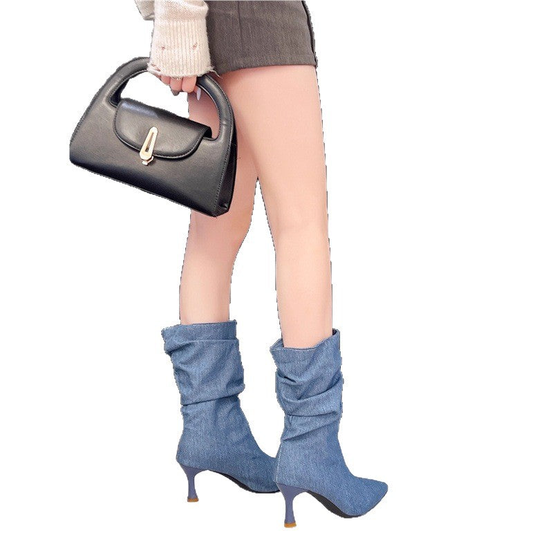 Damen Halbhohe Denim-Stiefeletten mit gerafftem Schaft und spitzer Zehenpartie Shop Nory