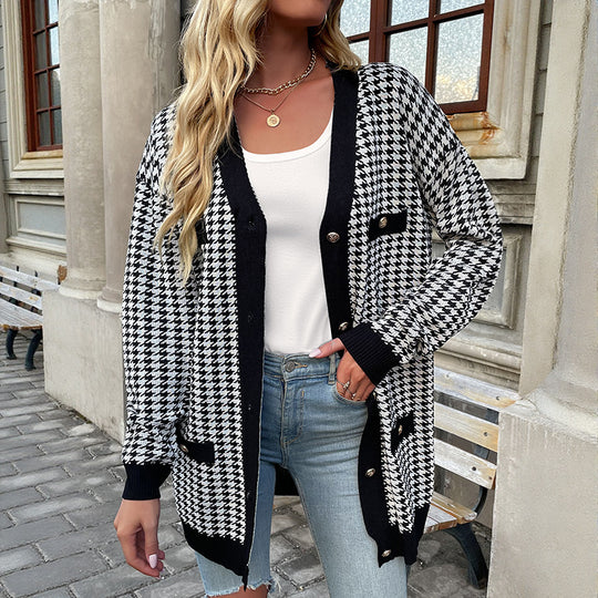 Damen Oversized Strickcardigan mit Hahnentritt-Muster und goldenen Zierknöpfen Shop Nory