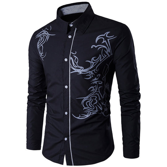 Herren figurbetontes Hemd mit Tribal-Print, verdeckter Knopfleiste und Kontrastkragen Shop Nory