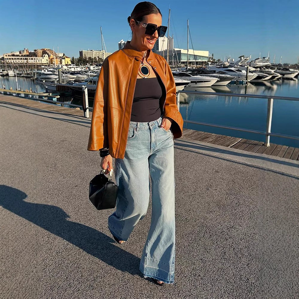 Damen Cape-Ärmige Lederjacke mit Stehkragen Shop Nory