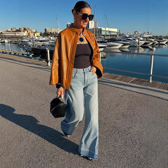 Damen Cape-Ärmige Lederjacke mit Stehkragen Shop Nory