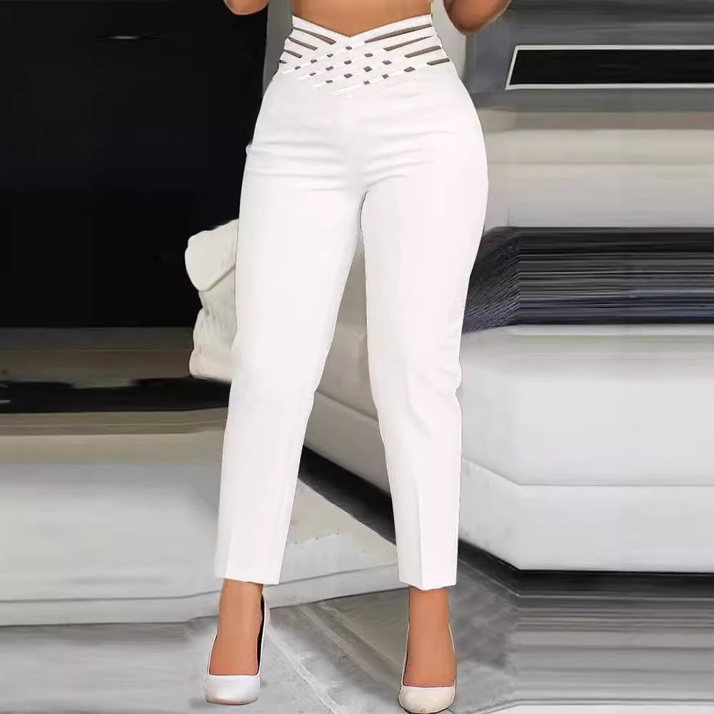 Damen Hochtaillierte Stretch-Hose mit transparentem Gummibund Shopnory