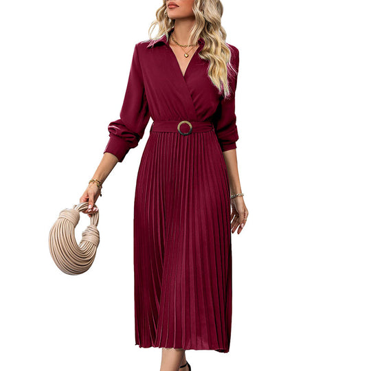 Damen Plissiertes Wickel-Midikleid mit Hemdkragen, Taillengürtel und langen Manschettenärmeln Shop Nory