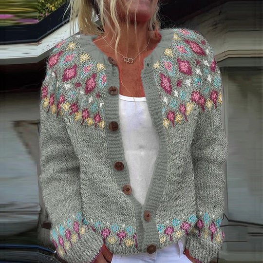 Damen nan gemusterte Strickjacke mit Rundpasse, Holzknöpfen und Eingrifftaschen Shop Nory