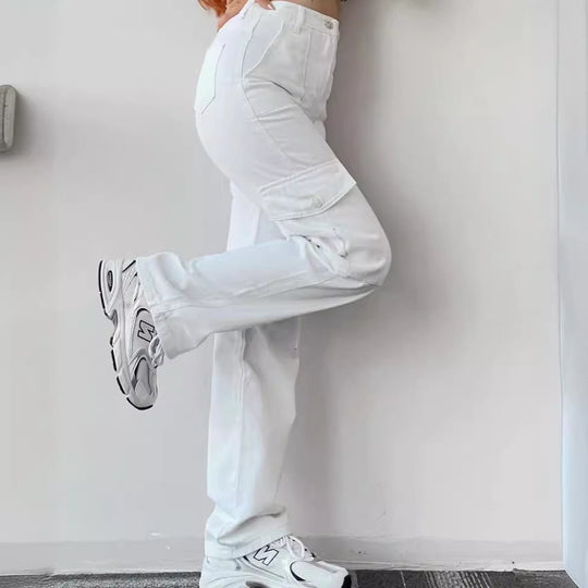 Damen High-Waist-Cargohose aus Twill mit aufgesetzten Klappentaschen und weitem Bein Shop Nory