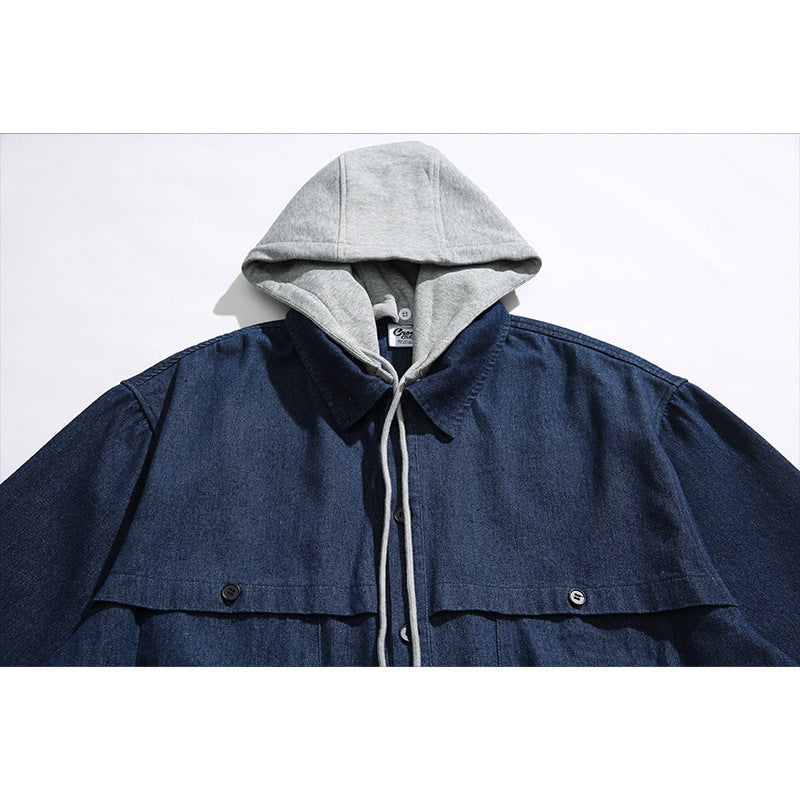 Unisex Boxy-Jeans-Überhemdjacke mit angenähter Kapuze und Multifunktionstaschen Shop Nory