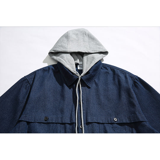 Unisex Boxy-Jeans-Überhemdjacke mit angenähter Kapuze und Multifunktionstaschen Shop Nory