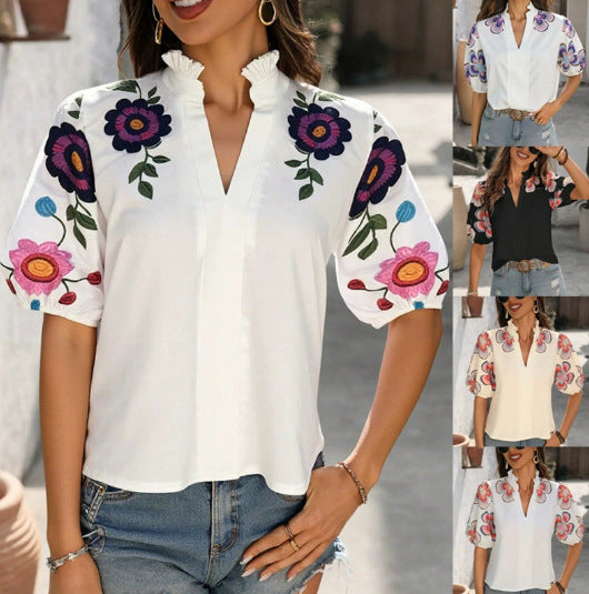 Damen Romantische Chiffon-Bluse mit Rüschenkragen, Puffärmeln und bestickten Blumenärmeln Shop Nory