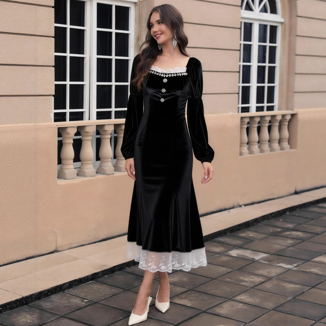 Damen Samt‑Midikleid mit quadratischem Ausschnitt, Puffärmeln und Spitzenuntertritt Shop Nory