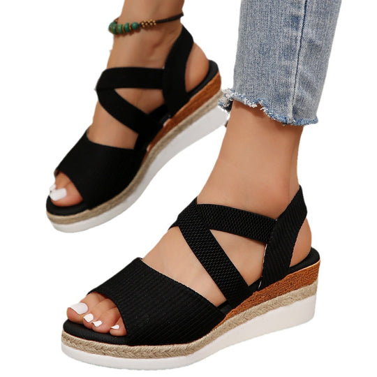 Damen Komfort-Keil-Sandalen mit elastischem Kreuzriemen und geflochtener Plateau-Sohle Shop Nory