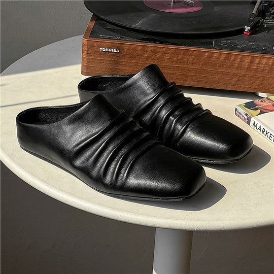 Damen Leder-Mules mit quadratischer Zehenpartie und gerafftem Obermaterial Shop Nory
