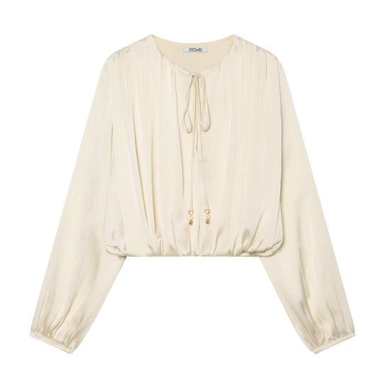 Damen Cropped Plissee-Bluse mit Kordelverschluss und Ballonärmeln Shop Nory