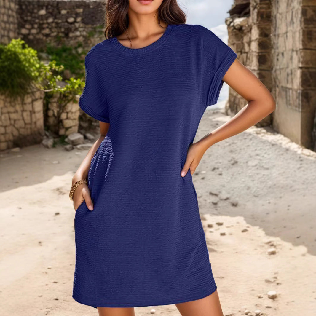 Damen lässiges Minikleid mit strukturiertem Stoff und umschlagbaren Ärmeln