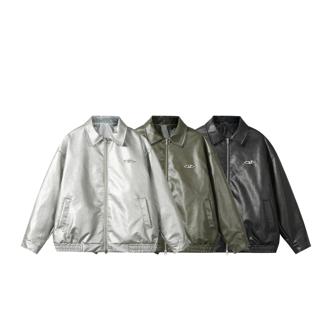 Damen Oversize Glattleder‑Optik Blousonjacke mit elastischem Saum und Metall‑Logo Shop Nory