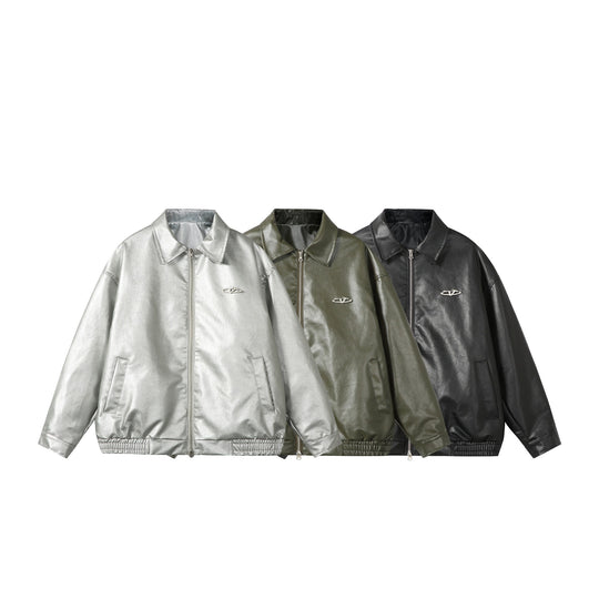 Damen Oversize Glattleder‑Optik Blousonjacke mit elastischem Saum und Metall‑Logo Shop Nory
