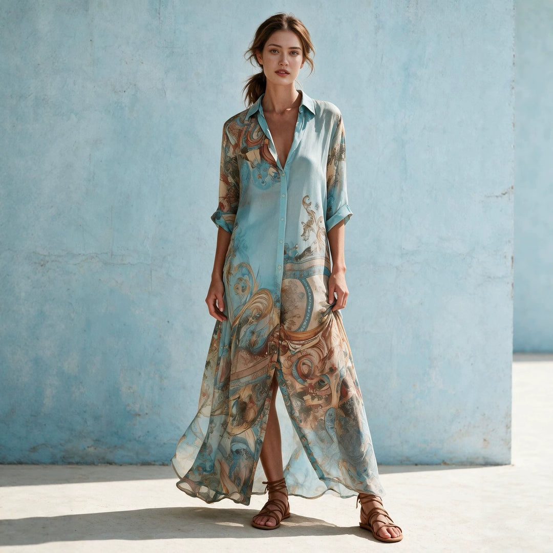 Damen Hemdblusenkleid Maxikleid in fließender Seidenoptik mit kunstvollem Allover-Print und 3/4-Ärmeln Shop Nory