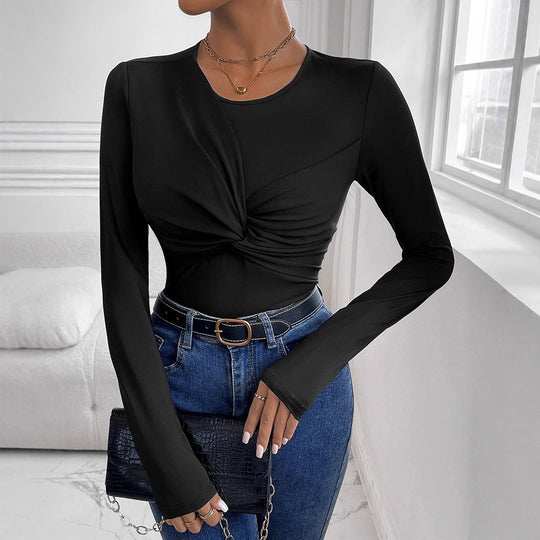 Damen Figurbetontes Langarmshirt mit Twist-Detail und Rundhalsausschnitt Shop Nory