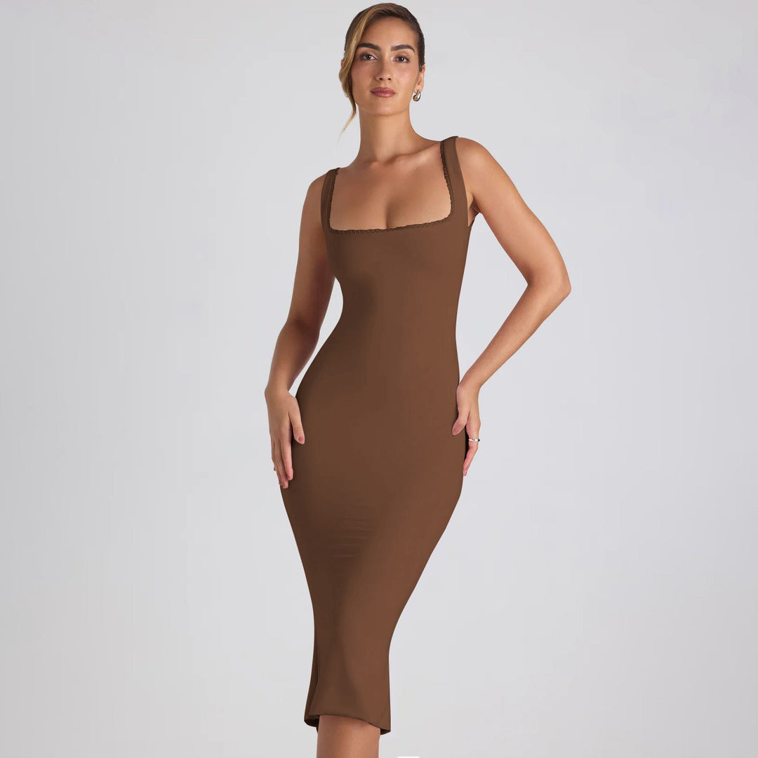 Damen figurbetontes Midikleid mit quadratischem Ausschnitt und Spitzenakzenten