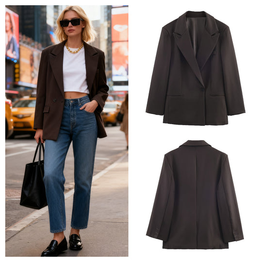 Damen Taillierter Longline-Blazer mit fallendem Revers und Ein-Knopf-Verschluss Shop Nory