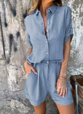 Damen Kurzoverall mit elegantem Hemdkragen und Taillengürtel Shopnory