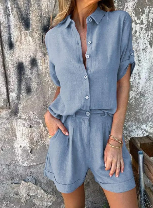 Damen Kurzoverall mit elegantem Hemdkragen und Taillengürtel Shopnory