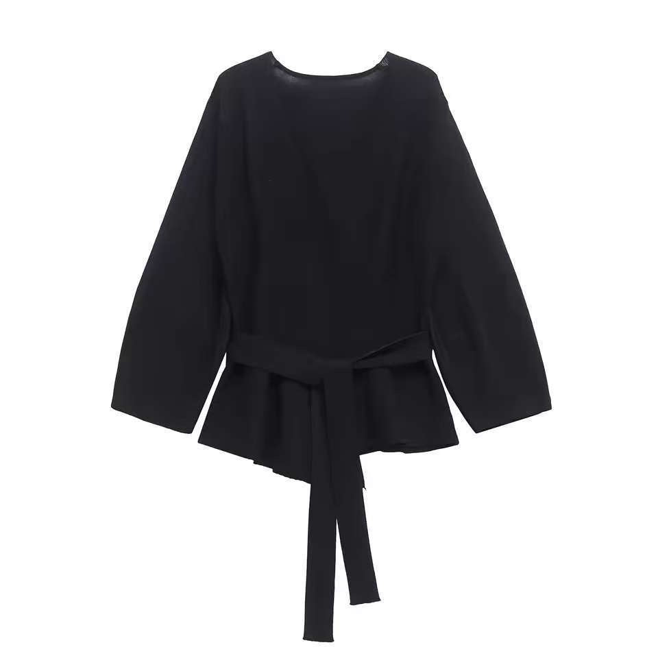 Damen Taillierte Bluse mit Wickelgürtel und Schößchen Shop Nory