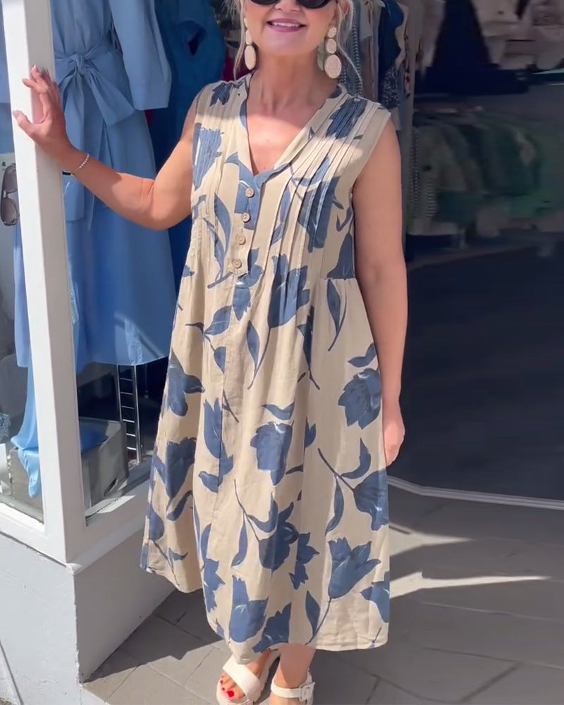 Damen nan lässiges V-Ausschnitt-Midikleid mit Brustpasse, senkrechten Falten und dekorativer Knopfleiste